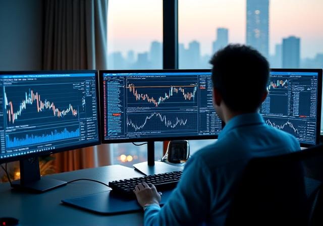 Professional trader analyzing financial charts on multiple monitors